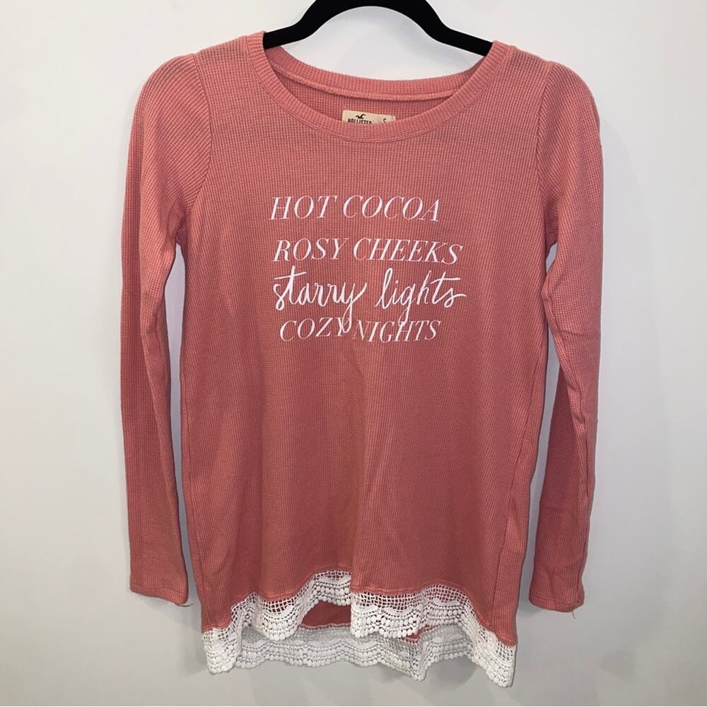 Hollister Rose Pink Waffle Knit Thermal Lace Trim Long-sleeved Winter Top Small